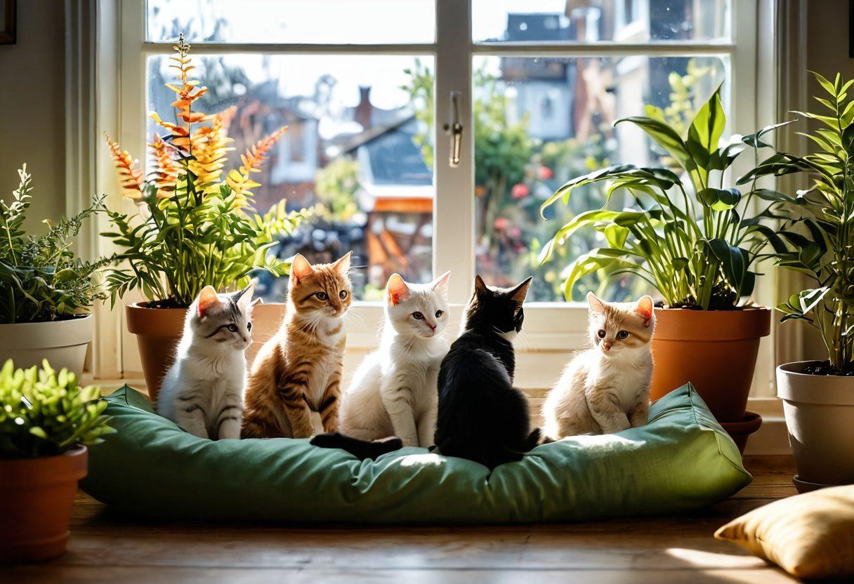 A heartwarming scene of playful kittens cuddling in a cozy home environment, surrounded by various cat parenting essentials like toys, scratching posts, and food dishes. The background features a sunlit window with potted plants and colorful cushions, creating a warm and inviting atmosphere. Include a loving cat parent gently playing with the kittens, radiating joy and contentment. super-realistic. vibrant colors. soft focus.