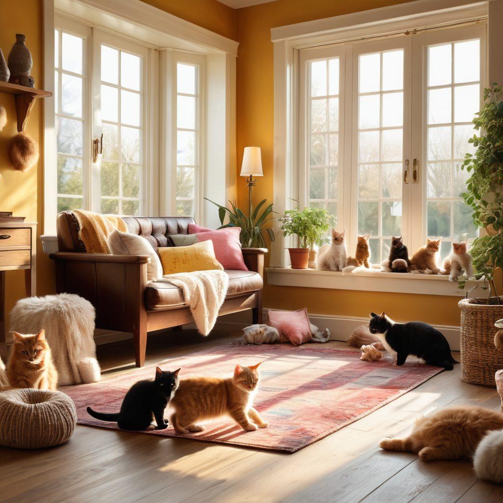 A cozy living room scene showcasing a variety of cat breeds playing together with kittens, surrounded by toys and scratching posts. Sunlight pours in through a window, highlighting their playful antics. A gentle hand reaching down to pet a fluffy kitten adds a warm touch. Vibrant colors, soft textures, and a welcoming atmosphere create a sense of happiness and companionship. super-realistic. bright colors. warm lighting.