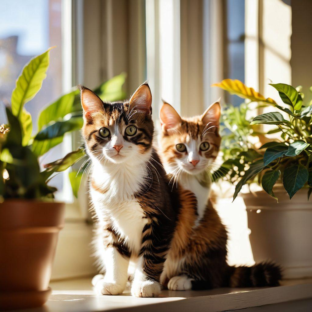 A playful kitten in a sunlit room, perched on a windowsill surrounded by colorful plants, capturing its curious gaze. Soft shadows and warm tones enhance the cozy atmosphere, while a camera with a zoom lens hints at photography in action. Include scattered toys and a glimpse of a cat owner happily taking pictures. super-realistic. vibrant colors. natural light.
